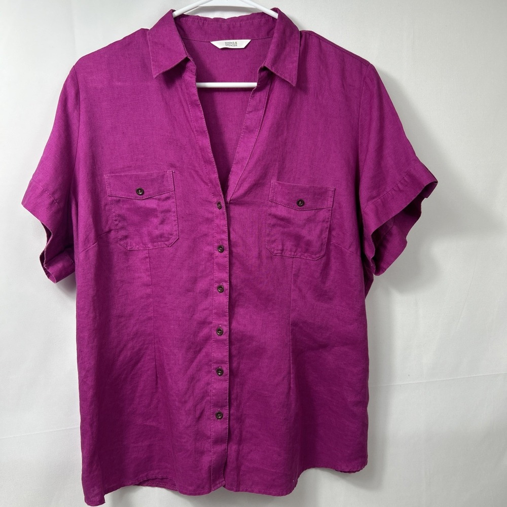 M&S Magenta Fuchsia 100% Linen Flax Button Down  V-Neck Blouse  Utility Top XL